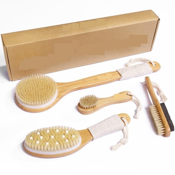 Natural Boar Bristle Dry Brush - Exfoliating Body, Face & Foot Brush, Long Handle Back Scrubber, Meridian Pressure for Lymphatic Drainage & Cellulite