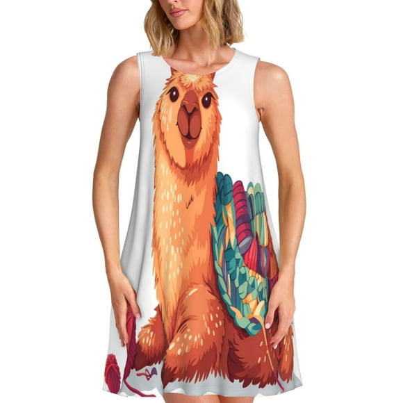 Gaeub Cozy Knitting Llama Print Women's Sleeveless Dresses,Beach Casual Tank Loose Sundress,A Line Beach Dresses with Pockets,Womens Summer Maxi Dress