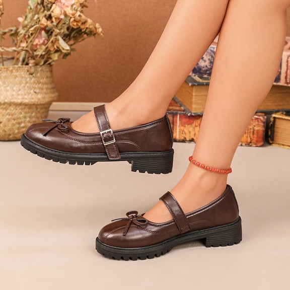 Samdudou Mary Janes Shoes for Women Closed Toe Round Front Sweet Bowknot Decor Adjustable Buckle Strap Chunky Sole Preppy Style Casual School Walking Everyday Footwear