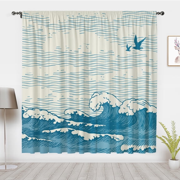 Bohemia-Style Art Curtains Vintage Minimalist Abstract Ocean Waves Window Curtains for Blackout Curtains Window Drapes Bedroom Privacy Decor(Rod Pocket)
