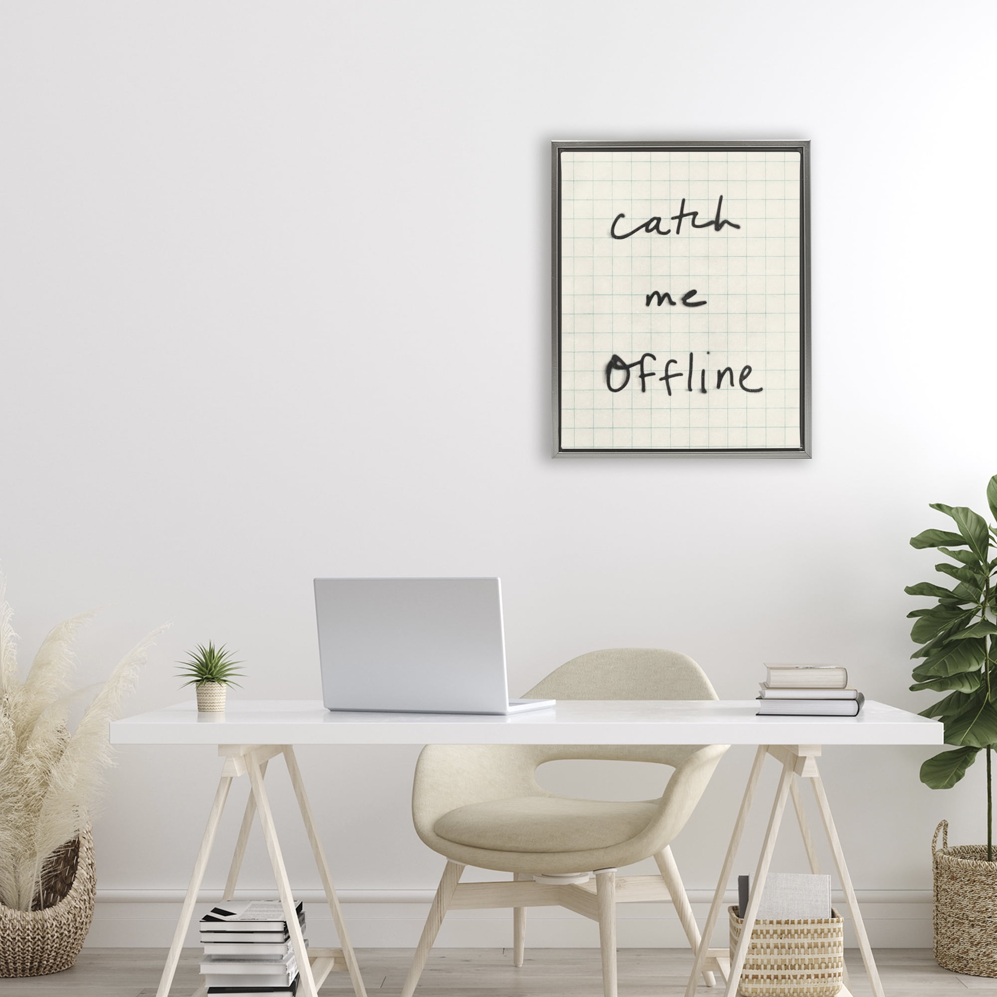 Stupell Industries Catch Me Offline Scrawl Gray Framed Floater Canvas Wall Art, design by Victoria Barnes