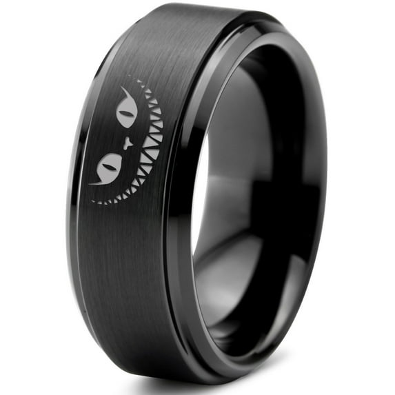 Tungsten Alice in Wonderland Cheshire Cat Band Ring 8mm Men Women Comfort Fit Black Step Bevel Edge Brushed Polished