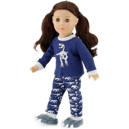Emily Rose 18 Inch Doll Clothes 3-PC Blue and Grey Dinosaur Pajamas PJs Bedtime Set, Including Dino Slippers | Gift Boxed! | Compatible with 18" American Girl Dolls | USA Business