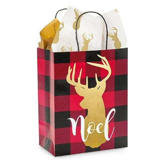 Buffalo Plaid With Deer Christmas Paper Shopping Bags - Cub Size - 8.25in. X 4.75in. X 10.5in. - 5/Pack (bpcc5)