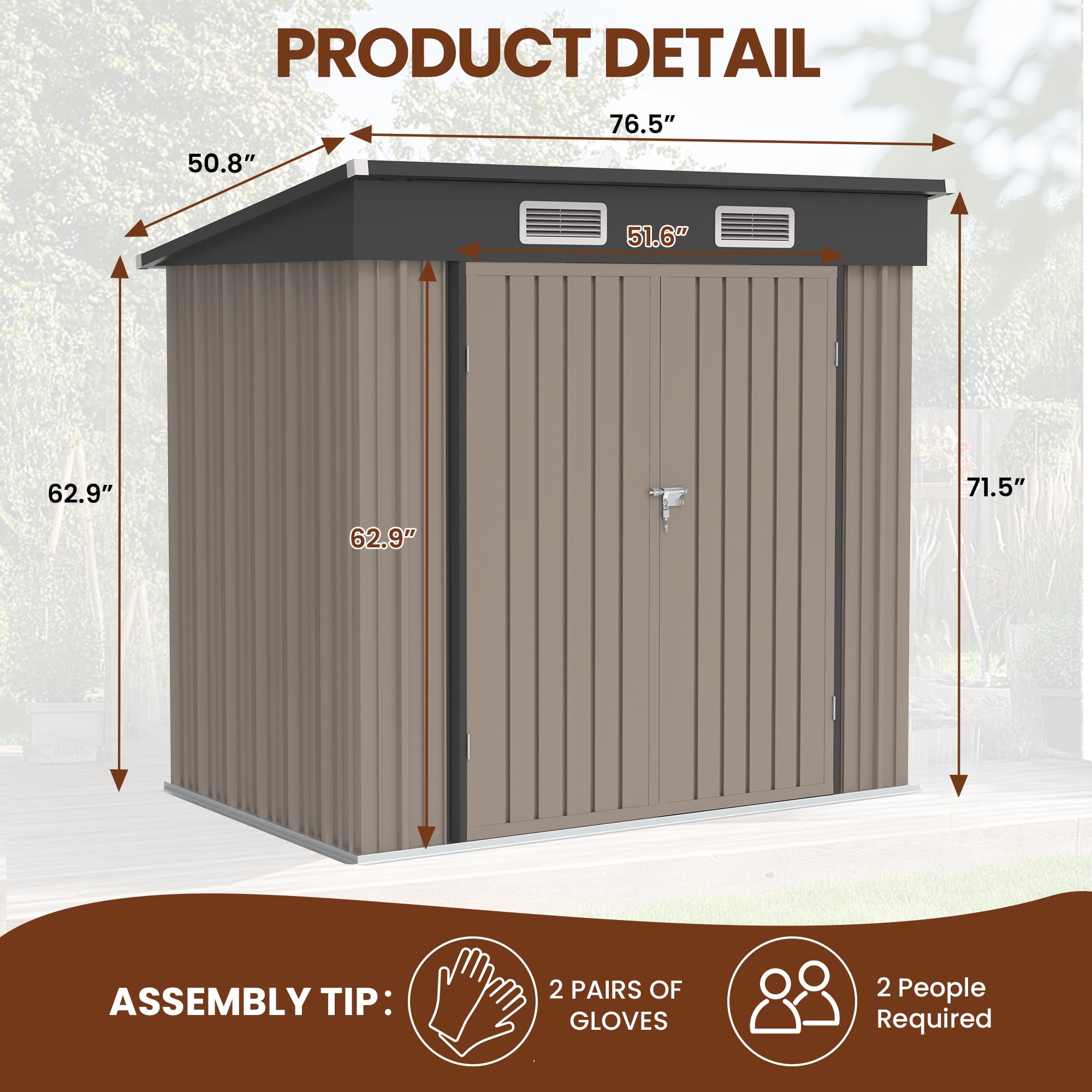 Sesslife 6' x 4' Outdoor Storage Shed, Patio Galvanized Steel Metal Shed with Sliding Doors, Garden Shed with Vents for Tools, Lawn Mover, Bike, Brown