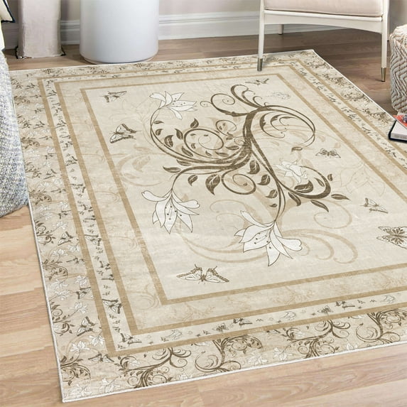 Spring Decorative Rug, Swirling Floral Look Design of Blossoming Flowers and Flying Butterflies, Quality Carpet for Bedroom Dorm and Living Room, 6 Sizes, Ivory Eggshell Brown, by Ambesonne