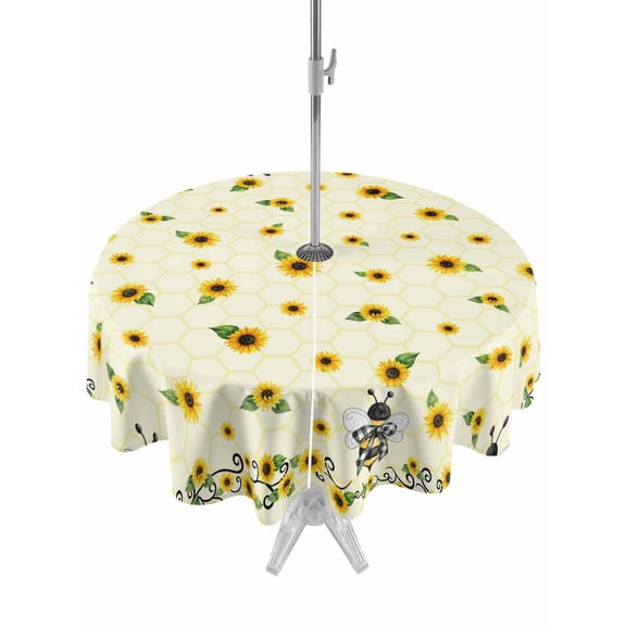 Outdoor Tablecloth with Umbrella Hole for Patio/Picnic/Party/Camping, Sunflowers Bee Waterproof Table Cloth Round Cover Washable, Summer Watercolor Farmhouse Country Yellow (Dia 60")