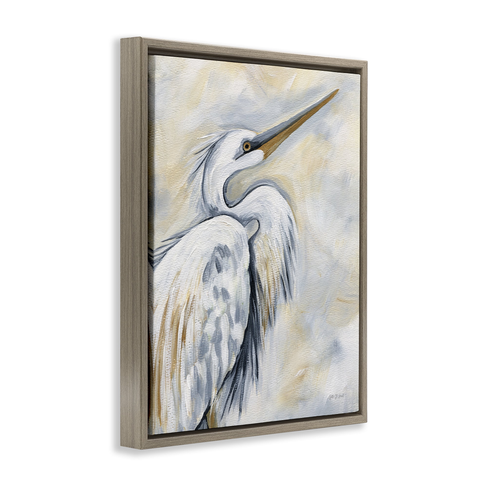 Stupell Industries Muted White Egret Animals & Insects Painting Brown Floater Framed Canvas Art Print Wall Art, 17 x 21