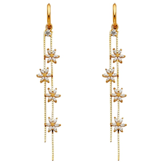 Solid 14k Yellow Gold Huggies Dangle Earrings Flower Hanging CZ Long Chain Polished Finish Fancy 60 mm