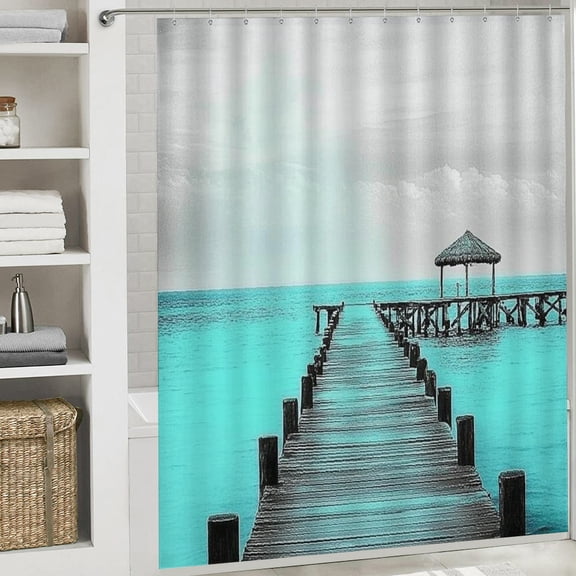 Christmas Shower Curtain, Seaside Scenery Shower Curtain with Hooks for Christmas Home Bathroom Decor Washable Curtains, 72x72 in