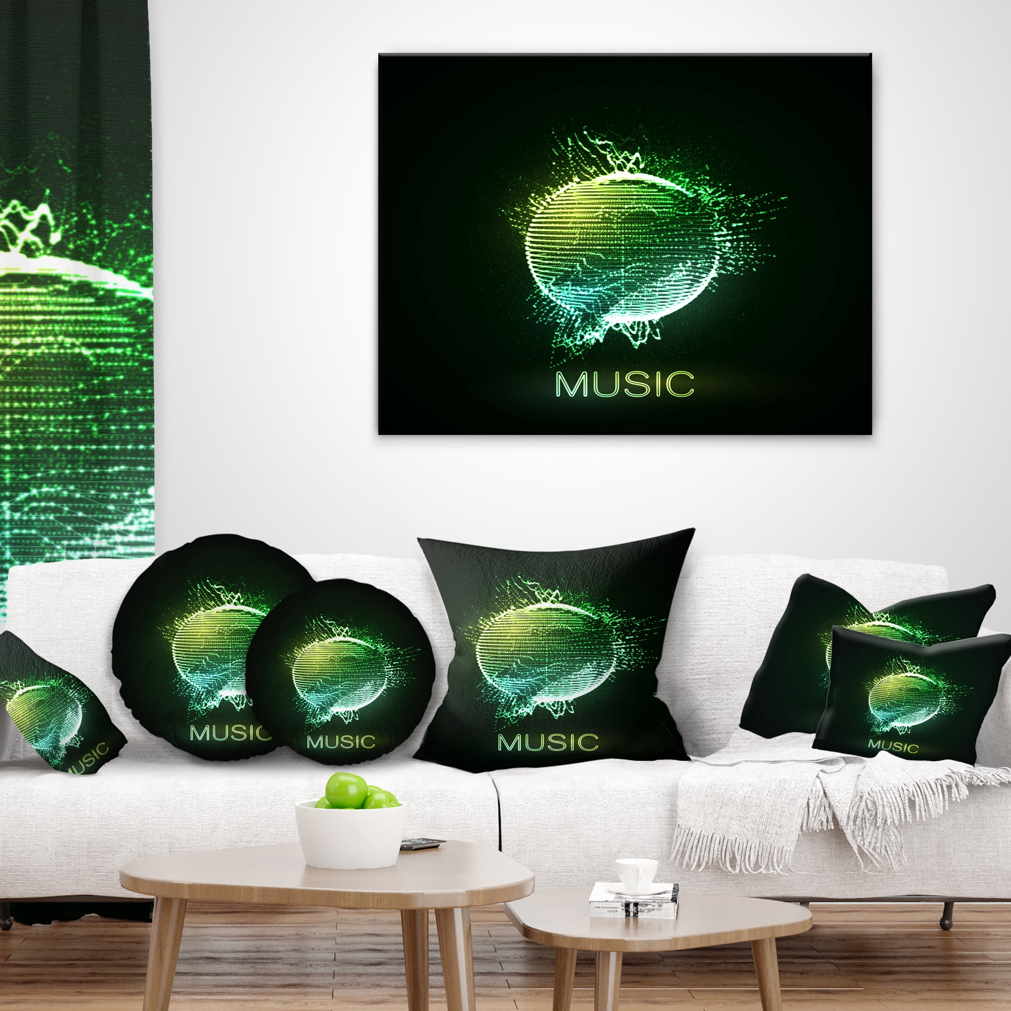Designart Green Music Neon Sign - Abstract Throw Pillow - 12x20