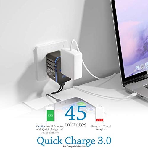 Adaptador de corriente internacional Ceptics World Travel USB Tipo C QC 3.0 18W PD
