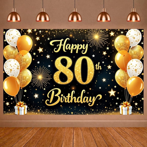 Golden Glitter 80th Birthday Banner Star Pattern Display Balloon Decor Gift Box Accent Golden Celebration Backdrop for 80th Birthday Party Senior Celebration Milestone Event
