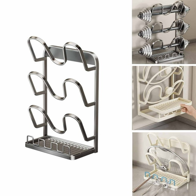 Kitchen Lid Storage Rack With Tray Lid Organizer Rack For Counter U Shaped Lid Holder Steel Spoon Stand While Cooking Space
