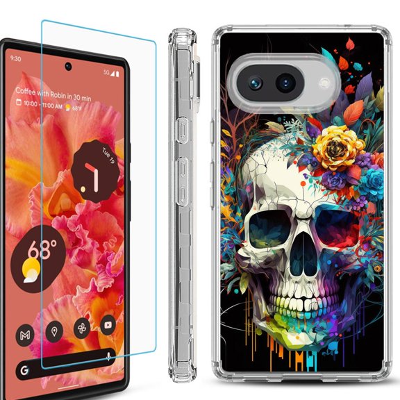 For Google Pixel 9a Phone Case Cover, Shockproof Bumper Case with Tempered Glass Screen Protector, by OneToughShield - Skull Flower