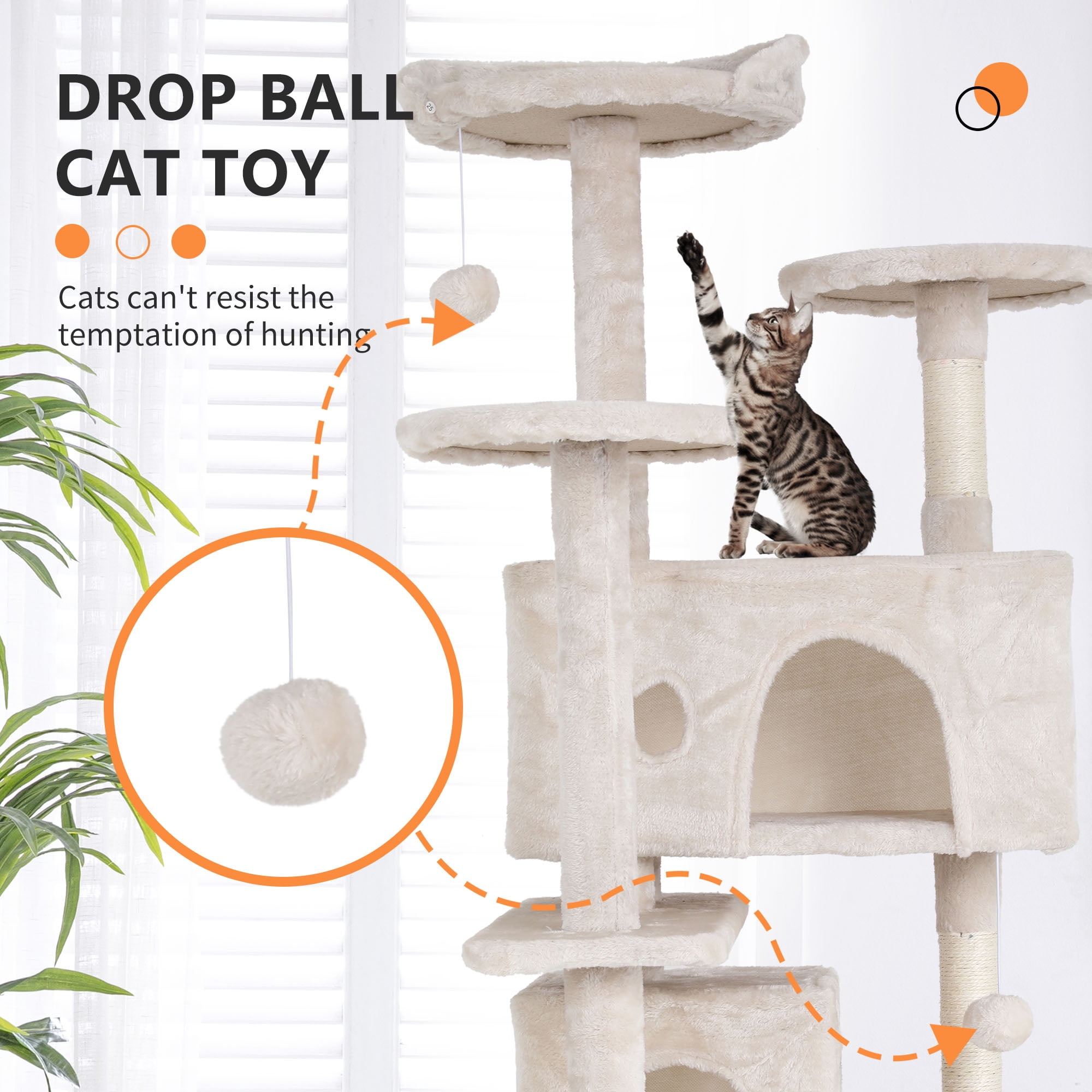 Dkelincs 54 inch Cat Trees and Towers for Indoor Cats, Cat Condo Scratching Post for Adult Cats, Multi-Level Cat Towers for Small Cats, Beige