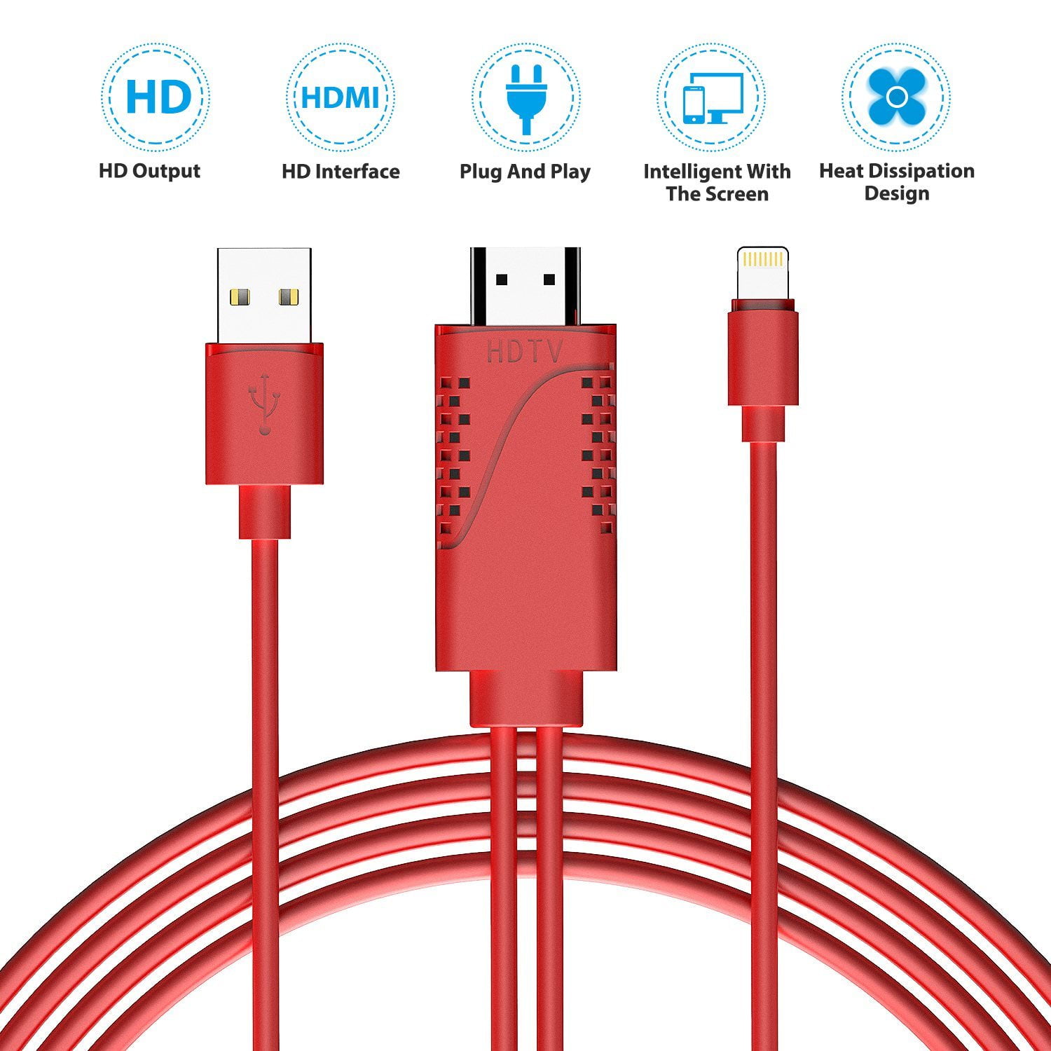 Lightning to HDMI, Vipus Lightning Digital AV to HDMI Adapter, 1080P HDTV Cable with Cooling