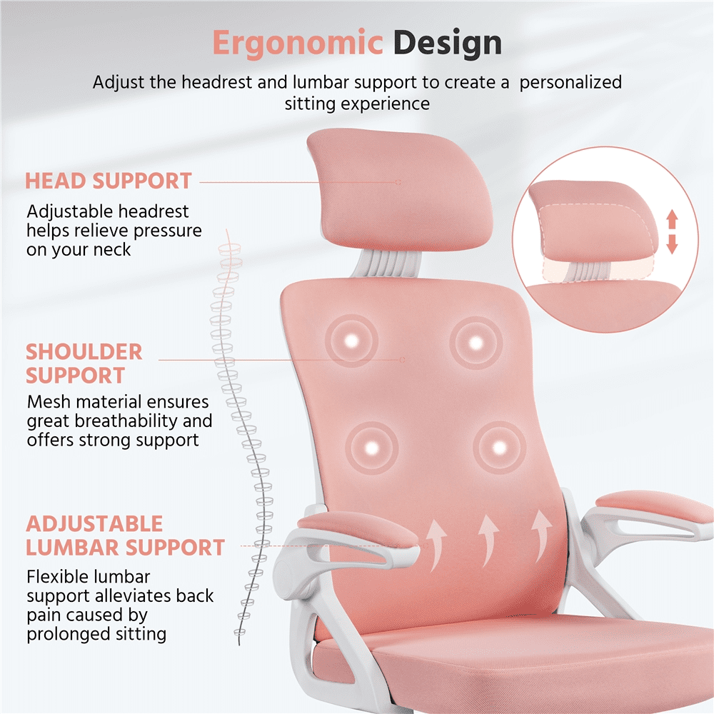 Alden Design Mesh Office Chair with Adjustable Padded Headrest Adult, White/Pink