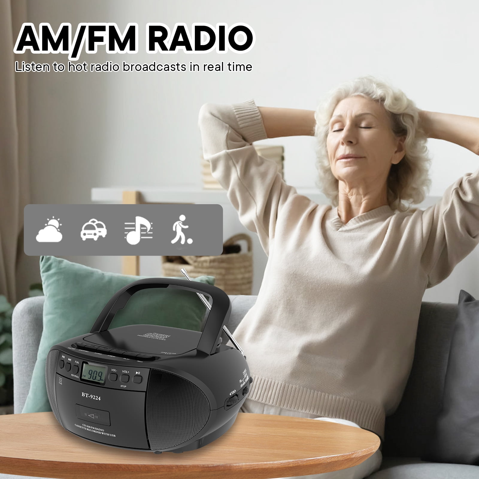 Boombox CD and Cassette Player,Casette Tape Recorder with Remote,AM FM Radio, USB Playback with Earphone Jack, 5.1V Bluetooth Speaker, Battery Operated or AC Powered for Home
