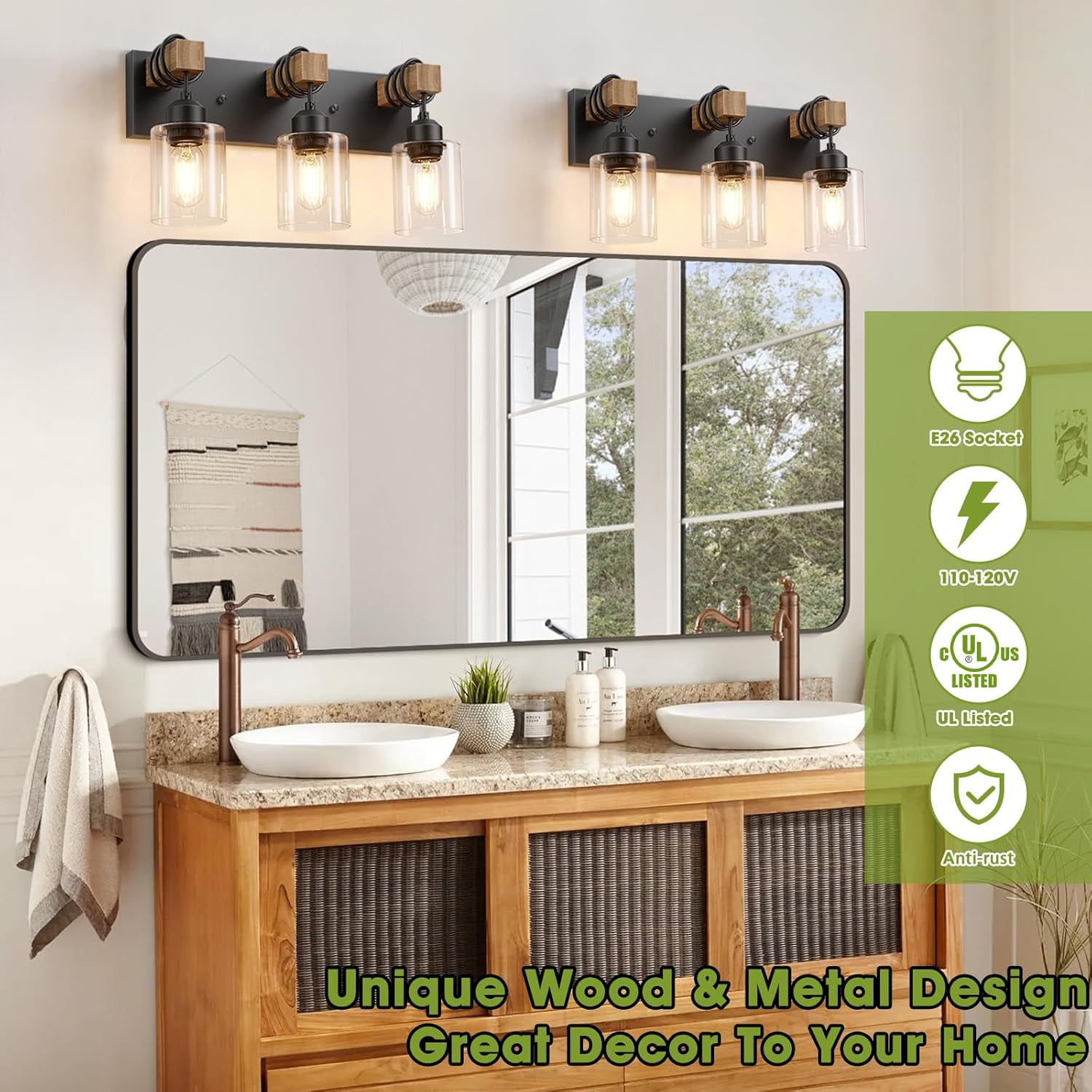 Farmhouse 3-Lights Wood Bathroom Vanity Light Black Bathroom Light Fixtures over Mirror with Clear Glass Shades for Living Room, Bedroom, Hallway