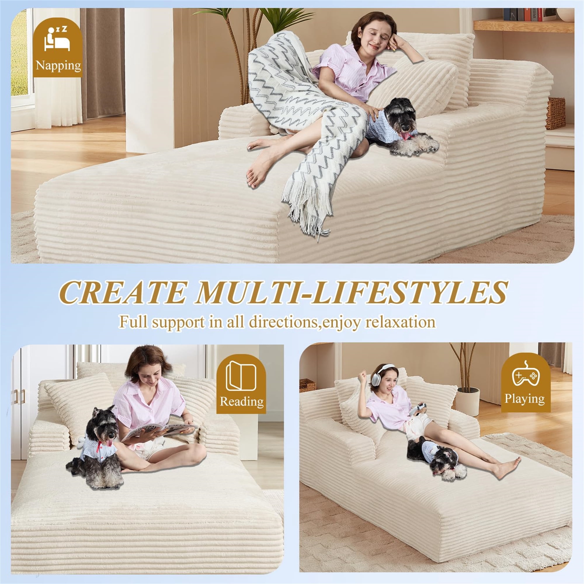 Aukfa 79" Extra Long Chaise Lounge Oversized Indoor Chair Boneless Couch for Living Room, 3Pillows, White