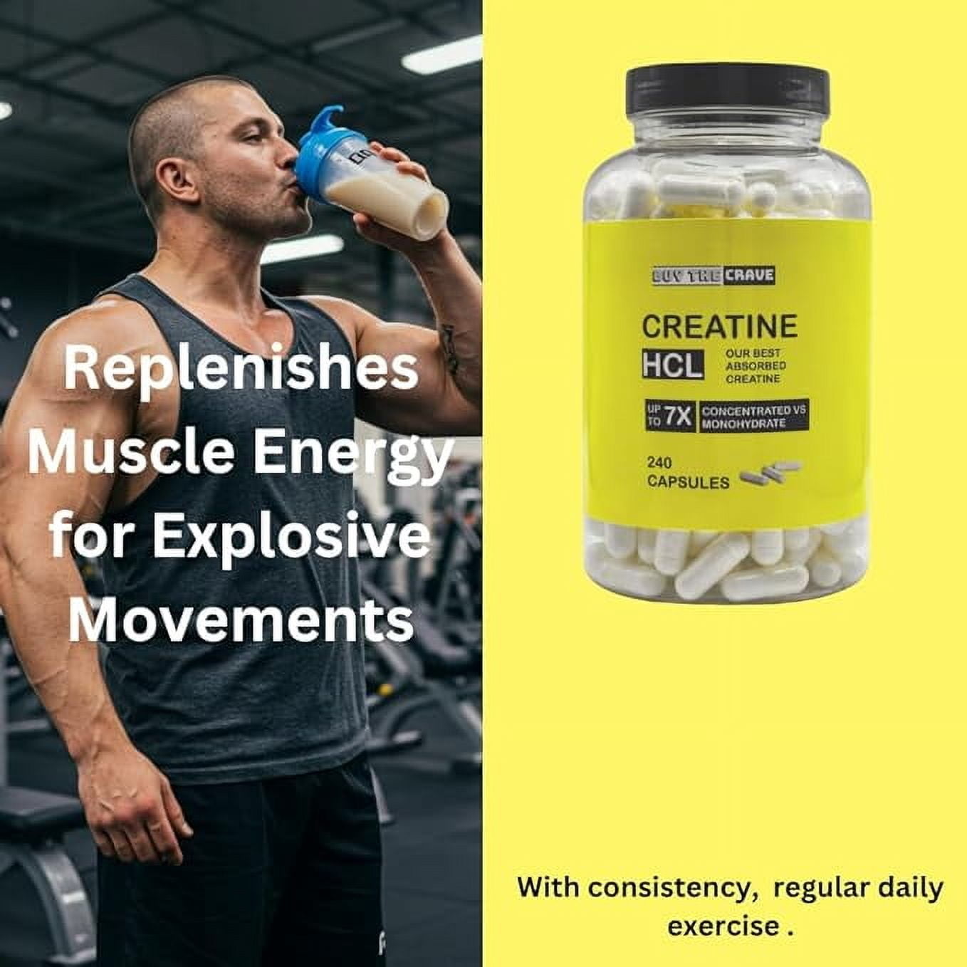 Buy The Crave Creatine HCL Pills, 7X Concentrated for Muscle Recovery, Energy, Cognitive Support – 240 Servings
