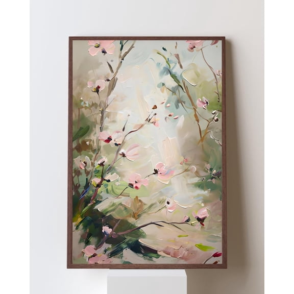 Flowering Pink Dogwood Impressionist Poster, Soft Pastel Wabi Sabi Wall Art, Japandi Neutral Floral For Calm Modern Homes, Unframed Poster Size 8x12