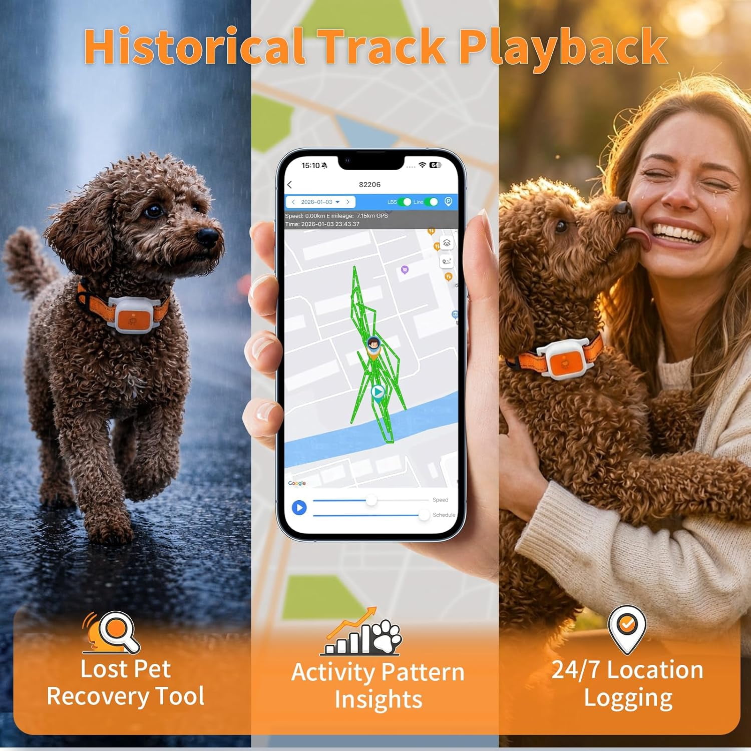 Dog GPS Tracker Collar, No Monthly Fee, Real-Time Location Tracking, Virtual Fence, Daily Historical Route, Activity Monitor & Sound Light Alert