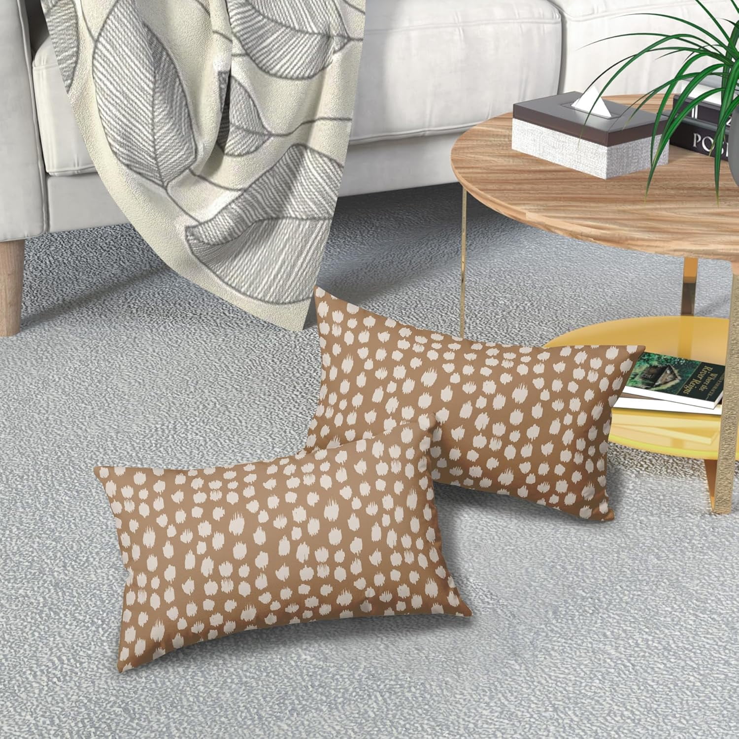 Brown Cream Dots Lumbar Pillow Covers 12x20 Set of 2 Boho Design Polka Dot Print Throw Pillows Modern Outdoor Decorative Pillowcase Rectangle Linen Cushion Cases Decor for Sofa Couch Bed