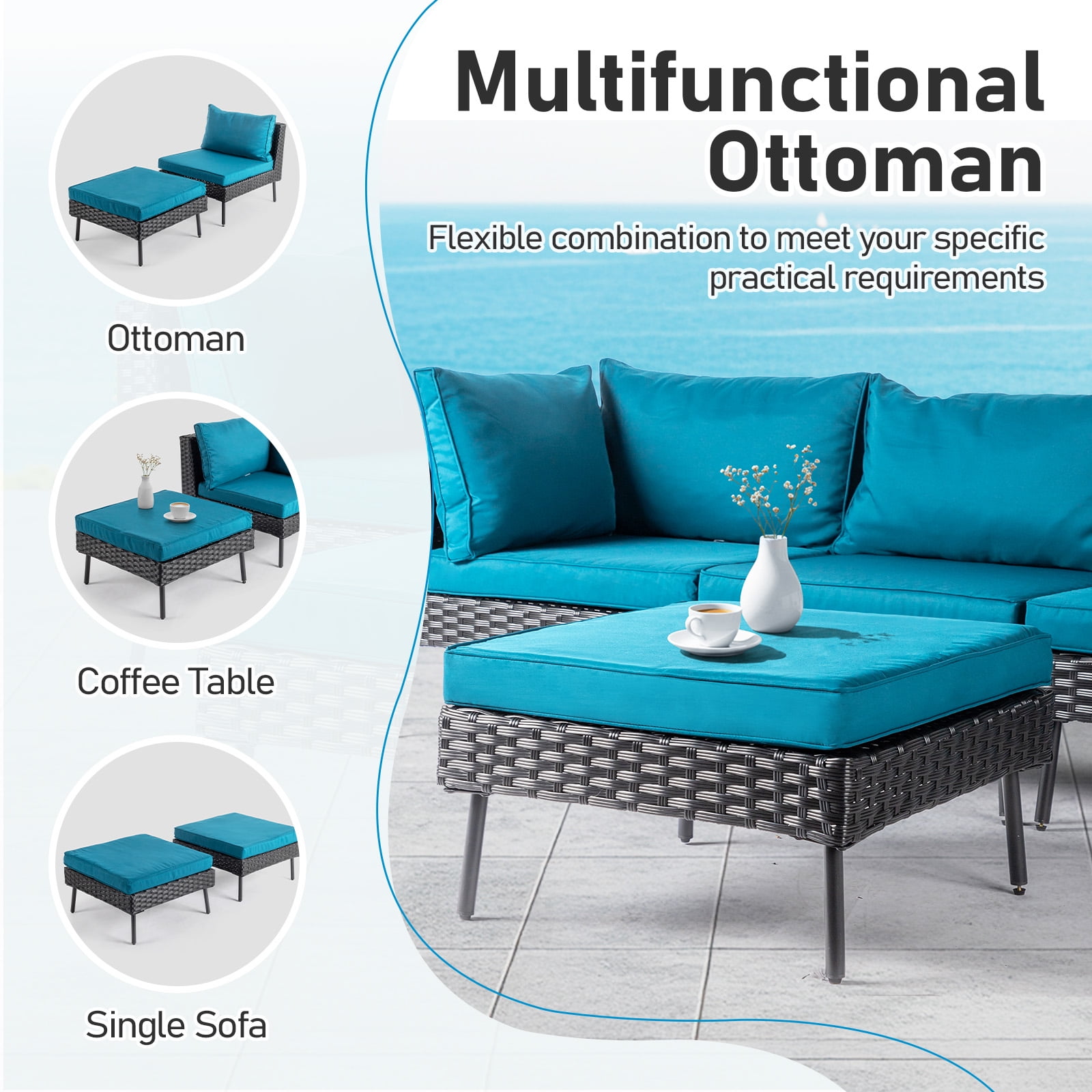 Ktaxon 6 Pieces  Modular Patio Sectional Set, All-Weather Wicker with Removable Cushions & Ottomans, Black Rattan Peacock Green