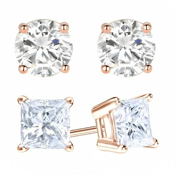 Bonjour Jewelers 18k Rose Gold 2 Pair Moissanite Round & Princess Cut Stud Earrings Plated 4mm