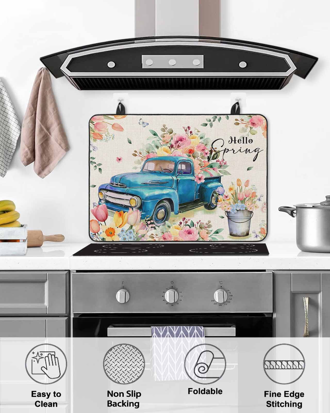 Large Induction Cooktop Protector Mat Spring Flowers Stove Top Covers for Electric Stove, Country Truck Pink Floral Retro Botanical Decorative Stove Burner Cover Mats, Glass Top Stove Cover