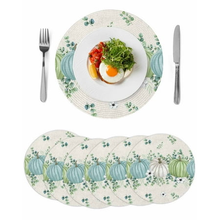 Fall Thanksgiving Round Table Placemats set of 6 Autumn Blue Green Pumpkin Washable Woven Place Mats for Dining Tables Kitchen Party Decor Heat Proof 13in