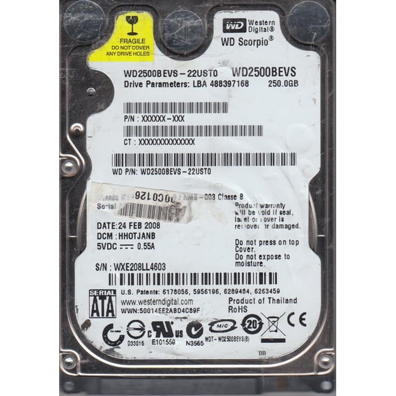 WD2500BEVS-22UST0, DCM HHOTJANB, Western Digital 250GB SATA 2.5 Hard Drive