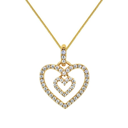 French Wheat Necklace - 14k Yellow Gold Cubic Zirconia Double Heart Pendant with 0.8-mm Yellow Gold Square Wheat Chain