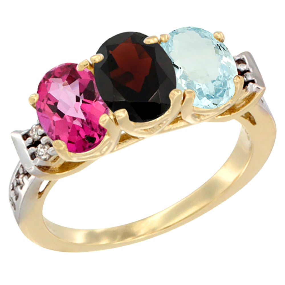 10K Yellow Gold Natural Pink Topaz, Garnet & Aquamarine Ring 3-Stone Oval 7x5 mm Diamond Accent, sizes 5 10 by WorldJewels