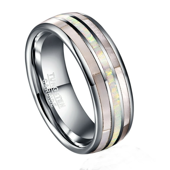 JQUEEN Men's 8mm White Opal Tungsten Carbide Rings Inlaid White Shell Engagement Rings Size 7-12