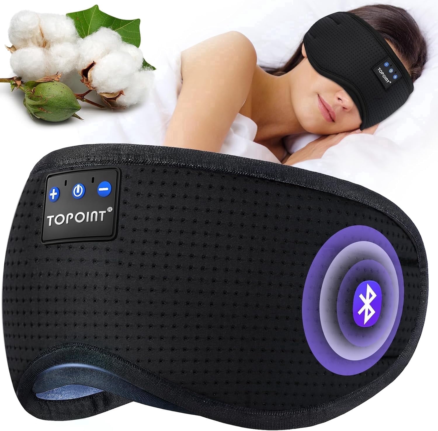 Sleep Mask, Bluetooth Eye Mask Bluetooth, TOPOINT Breathable Cotton Sleep Headphones for Sleeping Side Sleepers Travel Meditation Music Headsets with Microphone Handsfree Men Women, Black