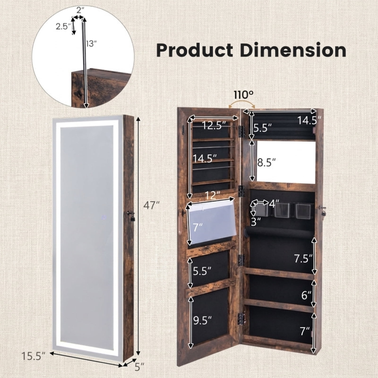 Furnibear Mirrored Jewelry Armoire with Full Length Mirror and 2 Internal LED Lights for Bedroom Dressing Room Jewelry Necklace Rings, Rustic Brown