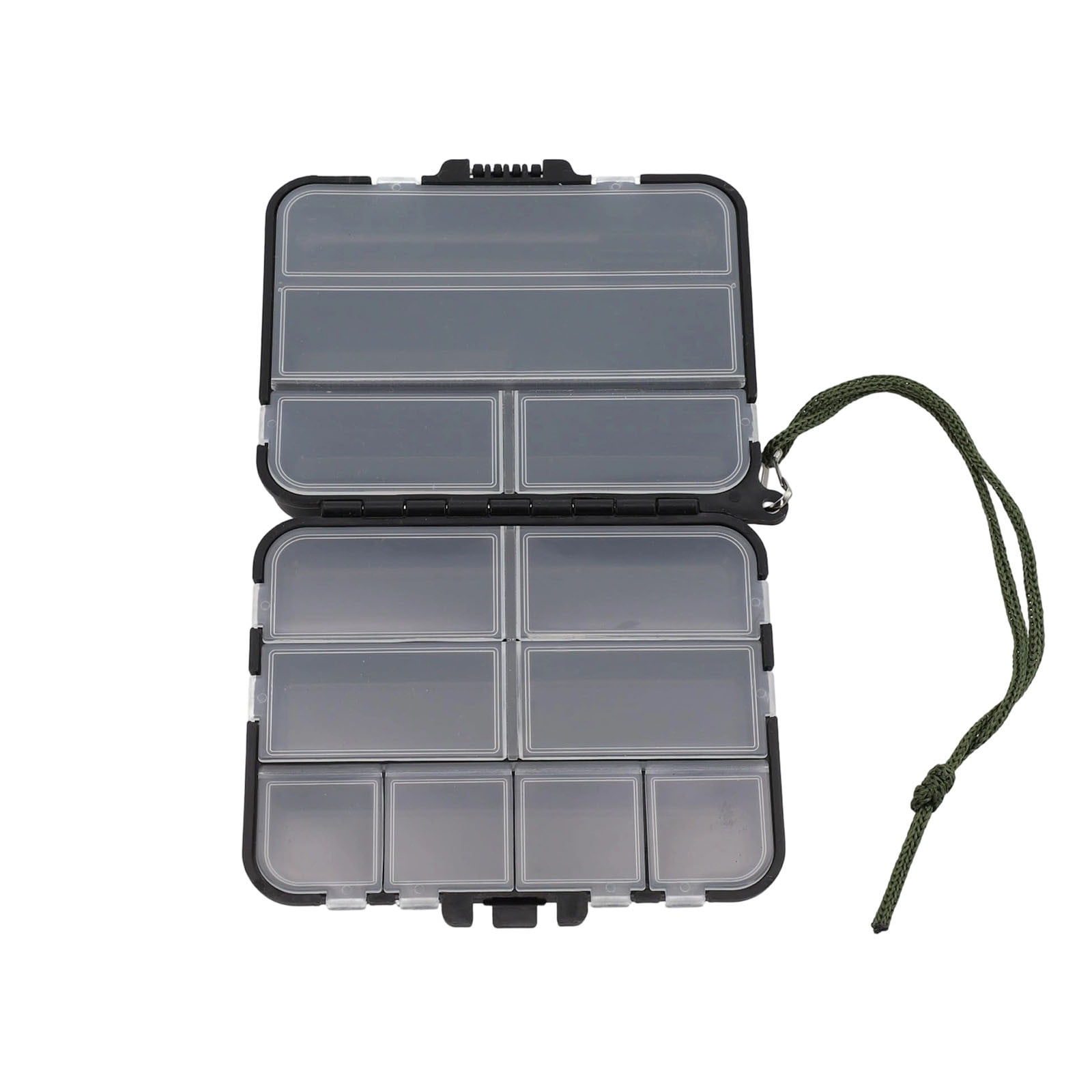 Double Sided Fishing Tackle Box Portable Lure Storage Organizer with Lanyard for Outdoor Fishing Gear and Accessories Black-12X10X3CM