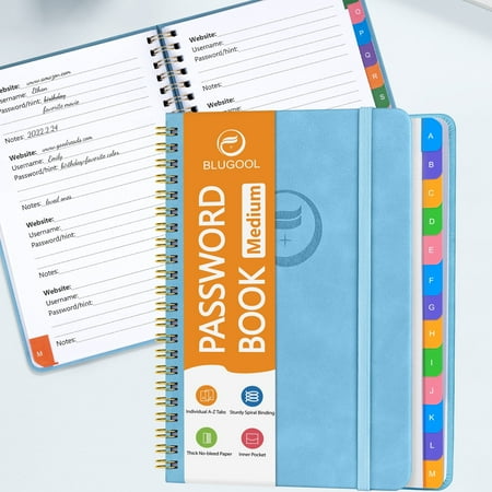Spiral Password Book with Alphabetical Colorful Tabs for Seniors, Hardcover Password Notebook for Website Logins, 5.7"x7.7", Blue