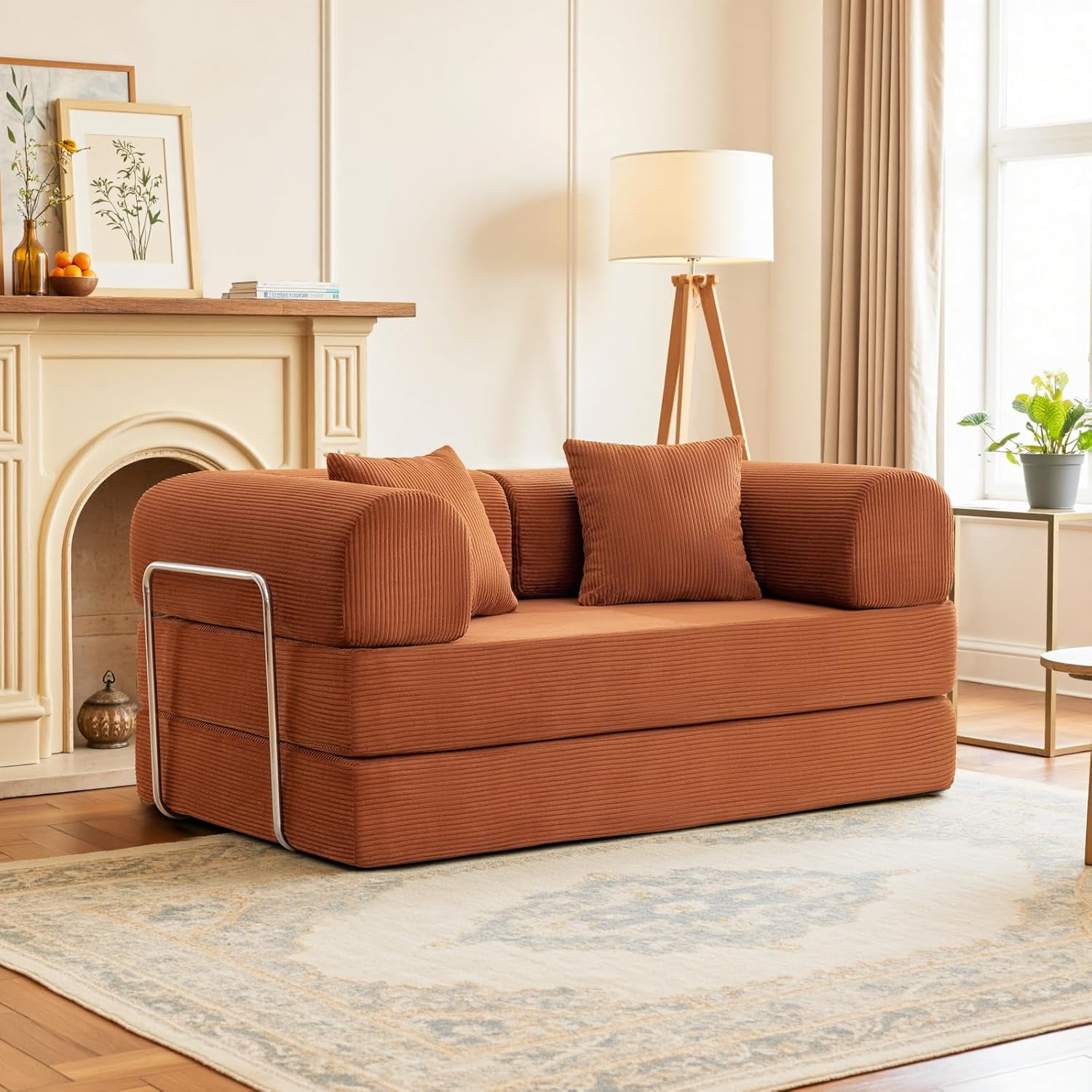 COOLHUT 63" W Combination Sofa, High Rebound Density Sponge Sofa Couch, Two Forms Floor Couch Three Seats Sofa Bed for Living Room, Bedroom, Pumpkin Brown
