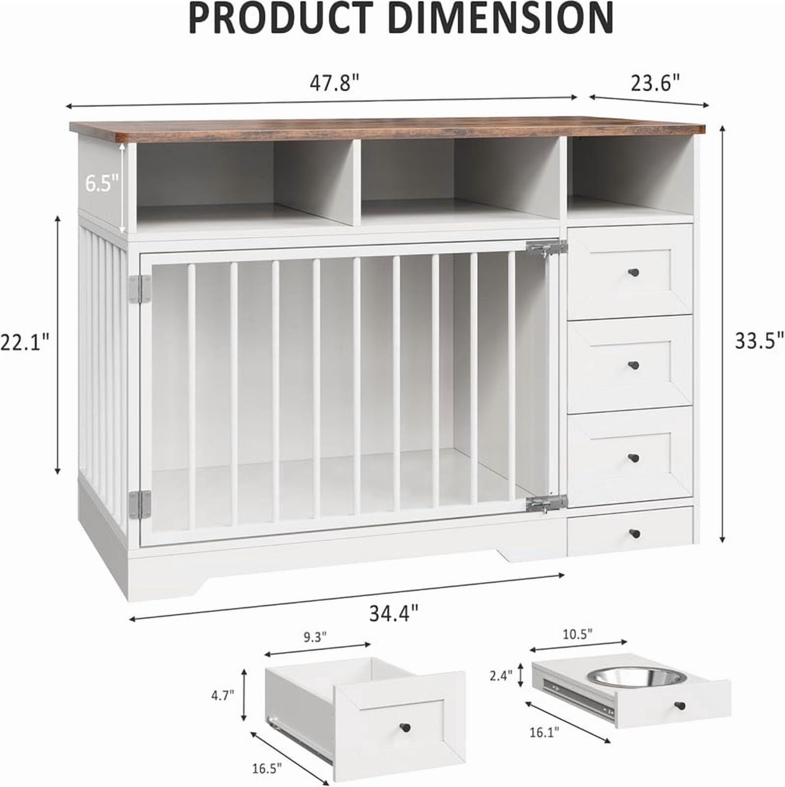 Towallmark 48 Inch Dog Crate Furniture, Farmhouse Dog Kennel with Bowl & Drawers, Heavy Duty Pet Crate Table for Medium Small Dogs for Living Room, Entryway Storage