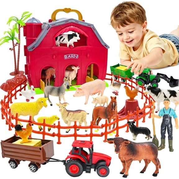 Montessori Big Red Barn Farm Animal Playset with Tractor & Fence, Educational Toddler Toy Ages 18M