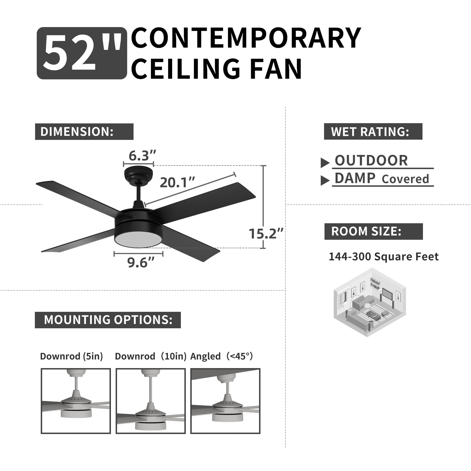 Dextrus 48" Black Ceiling Fan with Light Remote 4 Blades Memory Function & Night Light Mode