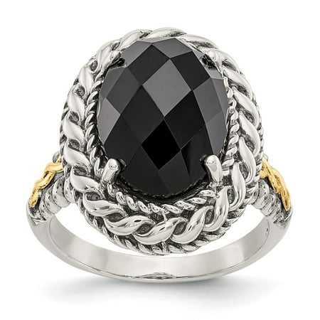 Antique 14k Gold Ring - Roy Rose Jewelry Sterling Silver with 14K Yellow Gold Antiqued Onyx Ring Size 7