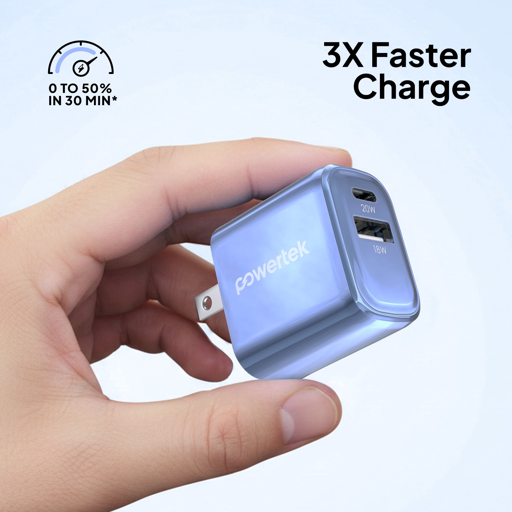 Powertek 20W USB-C PD + 18W USB-A Dual Port Wall Charger, Metallic Shine Pastel, Blue