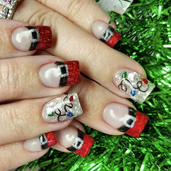 24x/Box French Tip False Nails Christmas Press On Nails Short Square Artificial Nails Full Cover Stick on Nails