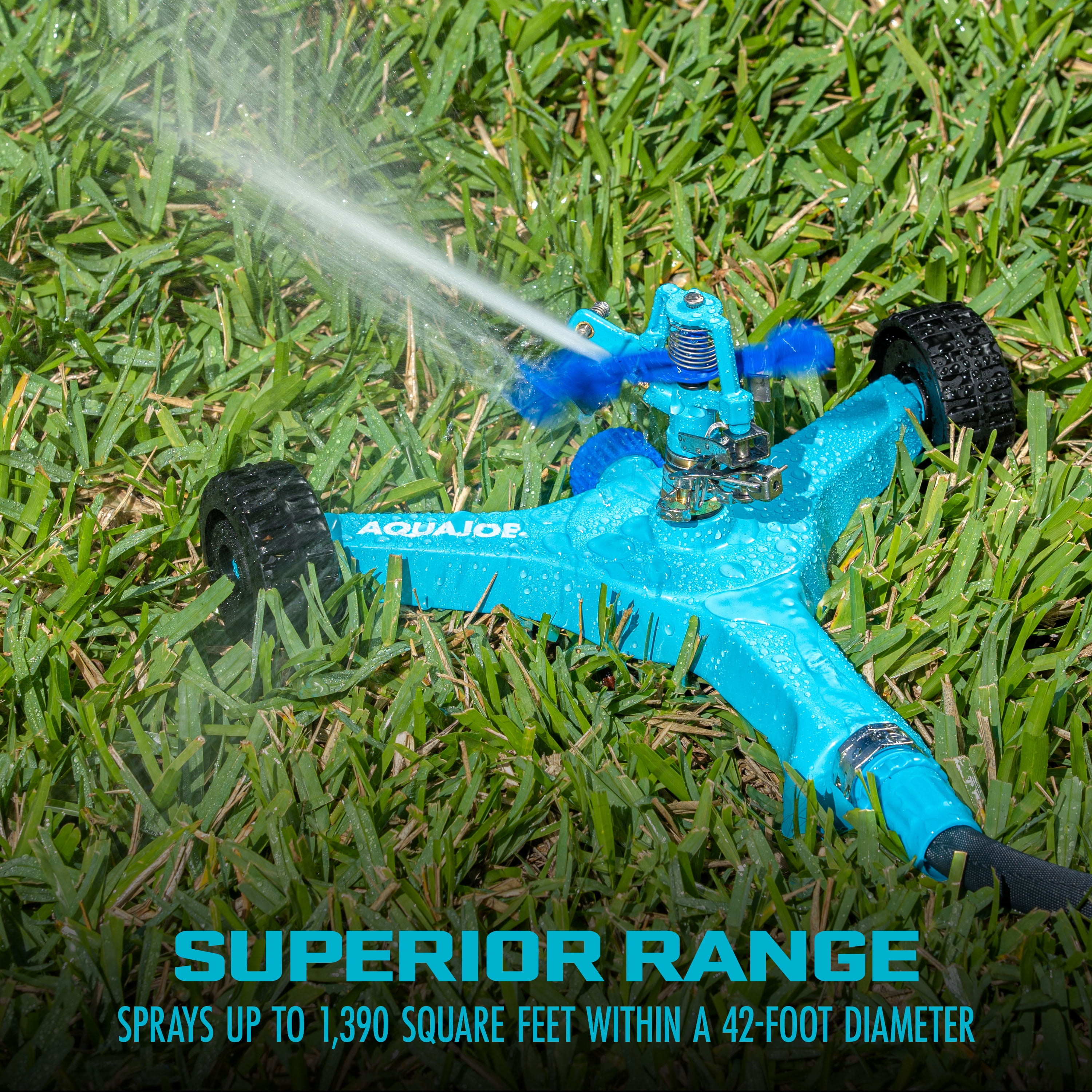 Aqua Joe Indestructible Zinc Impulse 360º Sprinkler, Customizable Coverage, Wheeled Base, 1,390 Sq. ft. Max Coverage