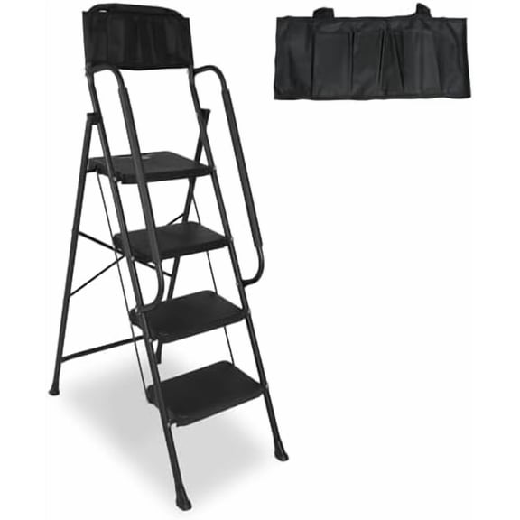 4 Step Ladder with Handrails & Attachable Tool Bag, 330 lbs Folding Step Stool Ladder, Wide Non-Slip Pedal for Kitchen Pantry Home Office, Black$$Tools
